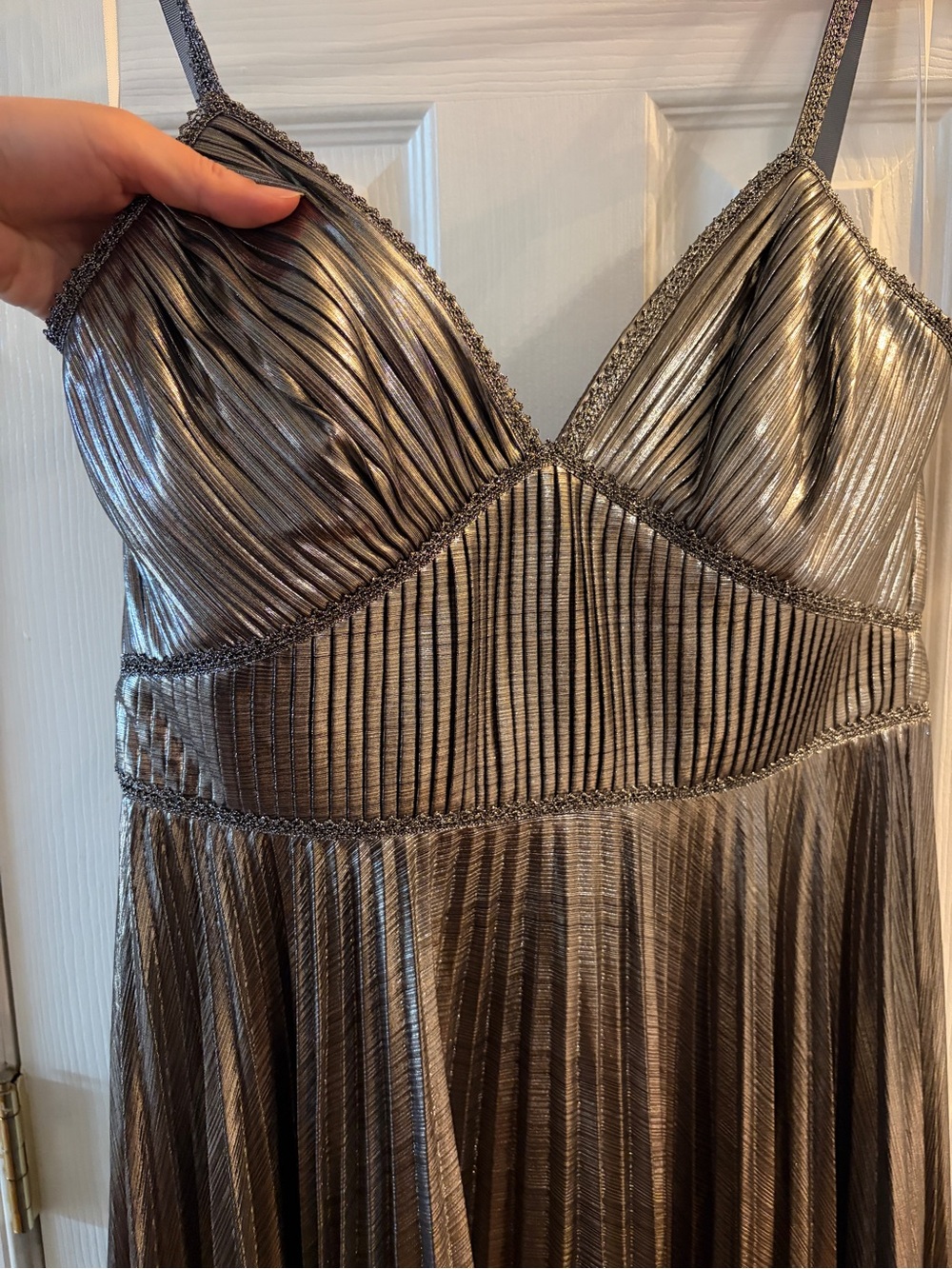Metallic Silver Pleated Evening Dress with Spaghetti Straps - Picture 6 of 7